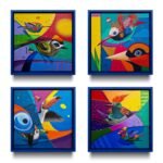 A Quadriptych composition of 4 blue framed paintings of 30x30 cm each. Pop art - street art style, they are acrylic and spray paint on canvas, depicting, in a decorative way, various birds in a graffiti fantasy and surrealistic "world". The artworks are framed and come ready to hang."Circus Box -Teca" has roots in Aztec culture, with birds and an imaginary decorative environment suggesting this cultural context. Executed in acrylic paints on canvas, the work is 80x80 cm.