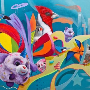 A graffiti art style project, depicting a reunion of birds and fluffy friends to fight climate change in a surrealistic Candyland vision. The piece is executed in acrylic and spray paint on canvas. The image is a surrealistic fantasy, with acrylic sketched birds and toys in a environment of graffiti style structures fighting climate change in Candyland.