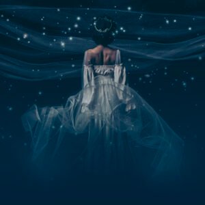 Fantasy fine art photography of the back of a woman in crown and billowy dress staring into the night sky full of stars. Filmy fabric floats across the photo.