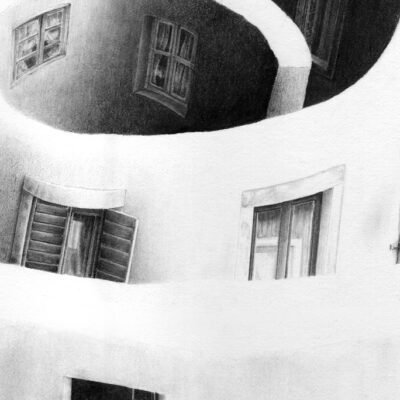 Windows of Perception (surrealist black and white framed drawing architecture illustration)